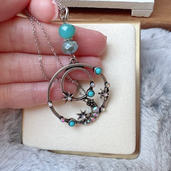 Antique Silver Celestial Moon and Star with Turquoise and Crystal Necklace - Picture 5 of 6
